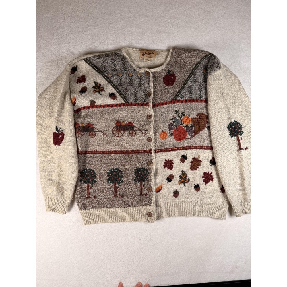 Woolrich Cardigan Sweater Womens Large Beige 100% Wool Fall Harvest Apple Knit - Picture 5 of 16